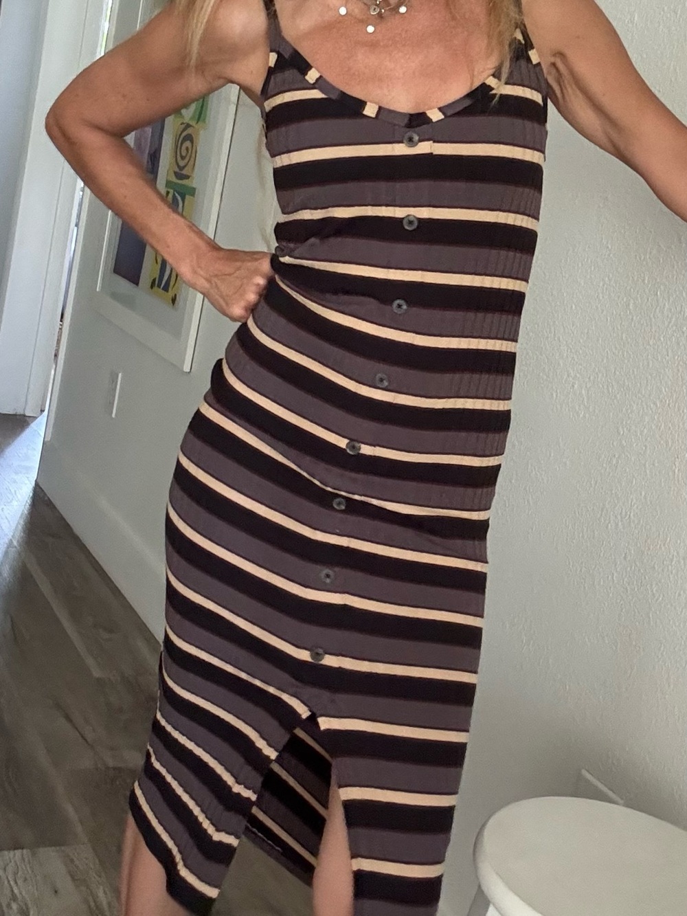 wild fable Brown, Black, and Cream Striped Button-Front Midi Skirt